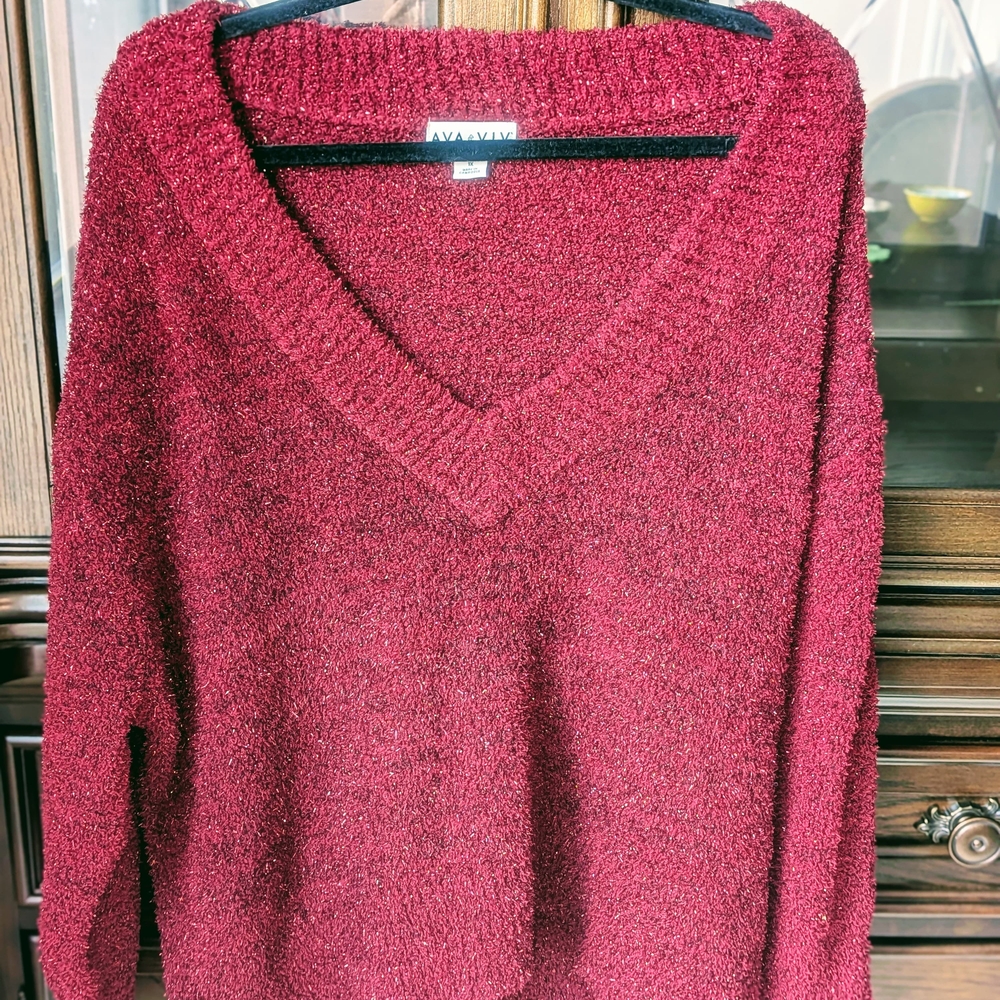 Ava & Viv Burgundy Marled V-Neck Boucle Knit Sweater Plus Size 1x - Picture 2 of 6